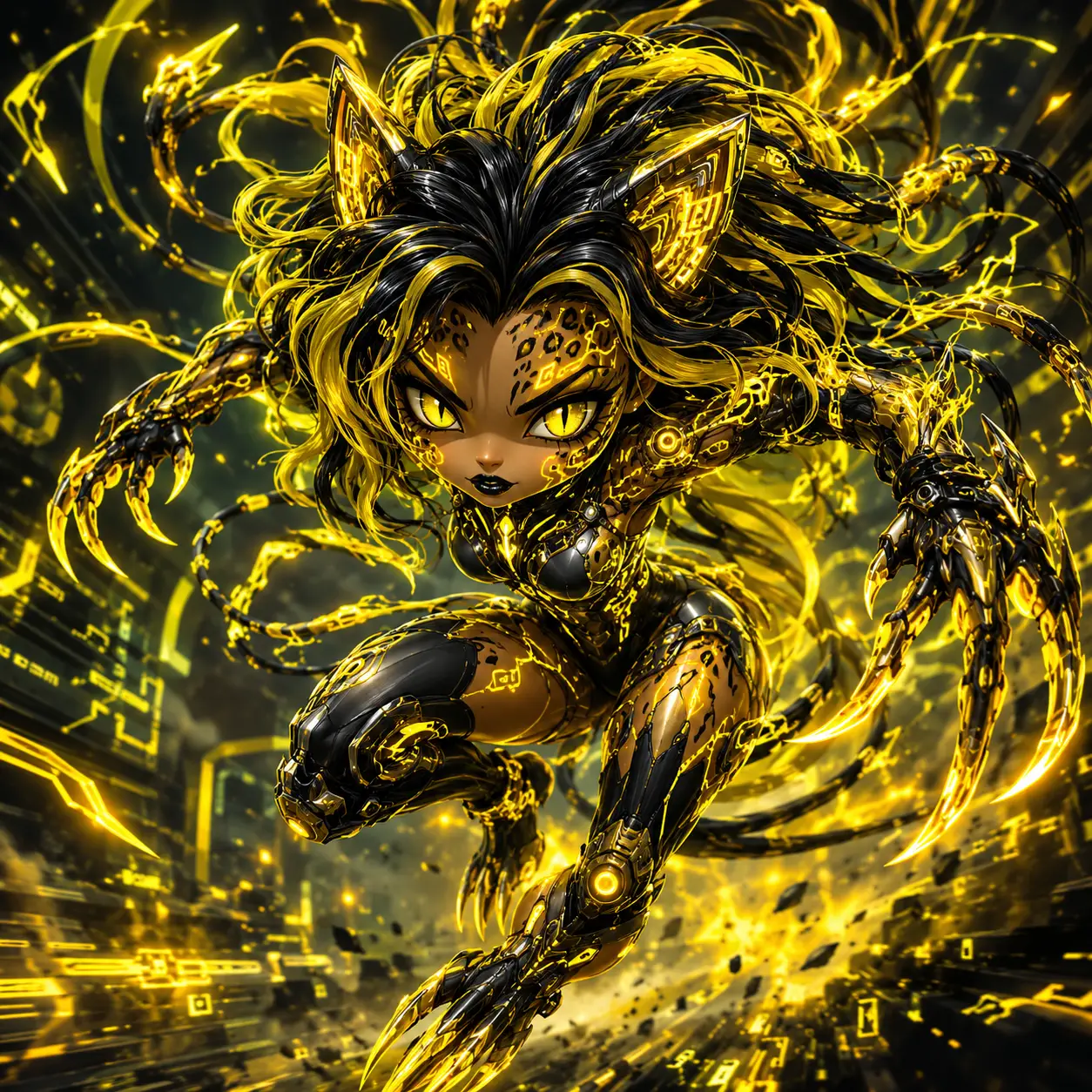 Guerrier félin chibi techno-organique bondissant à travers une énergie néon