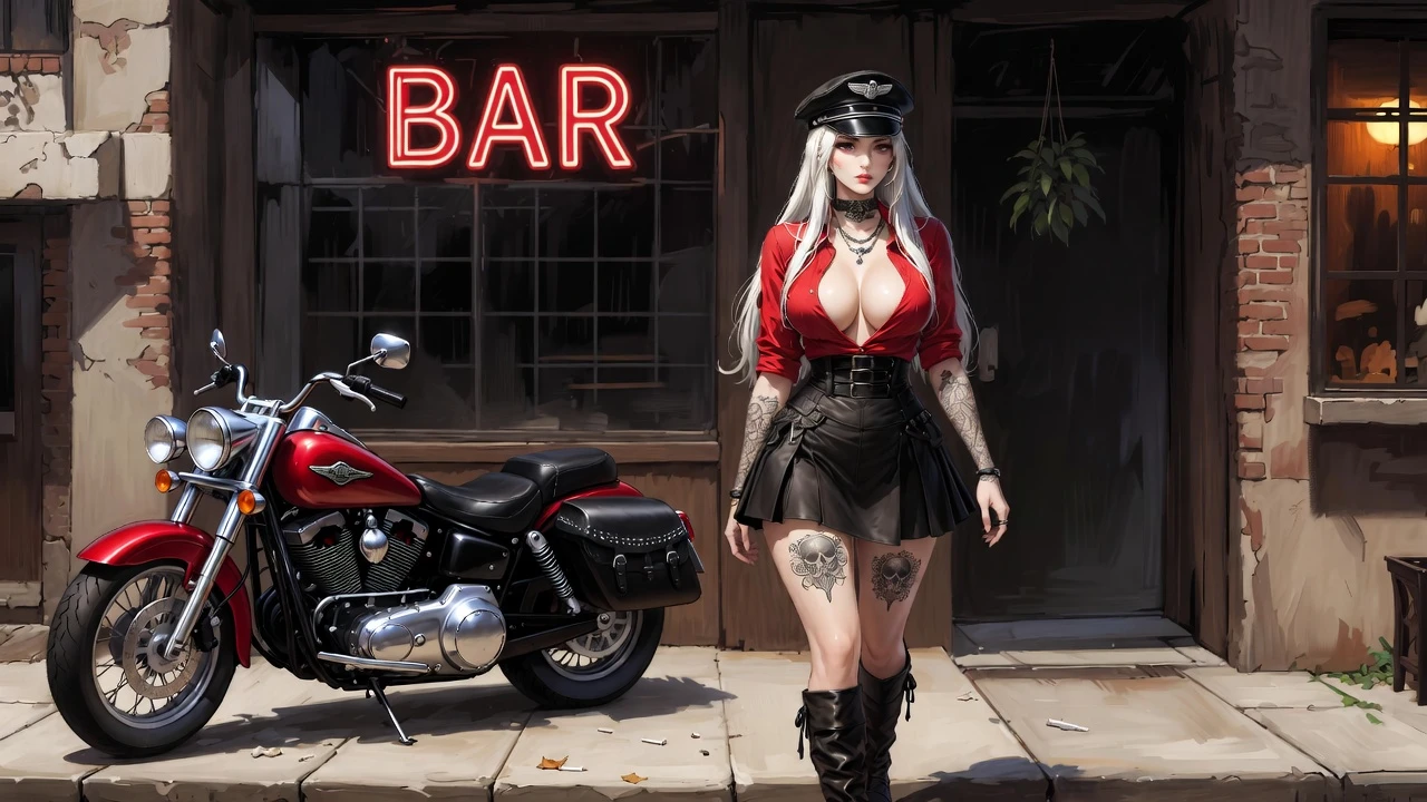Tätowierte Bikerin geht an einer lebhaften Bar vorbei