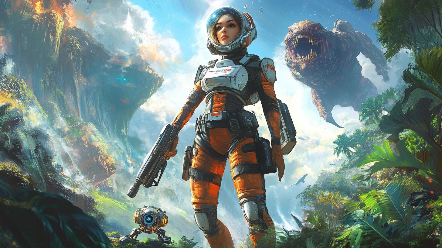 Space woman with ray gun on lush alien jungle world