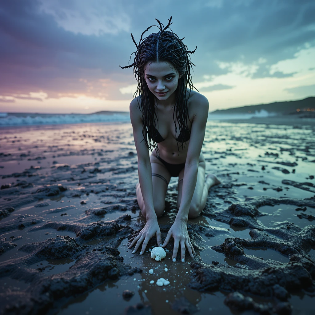 Androgynous figure in a surreal dawn ritual on the beach