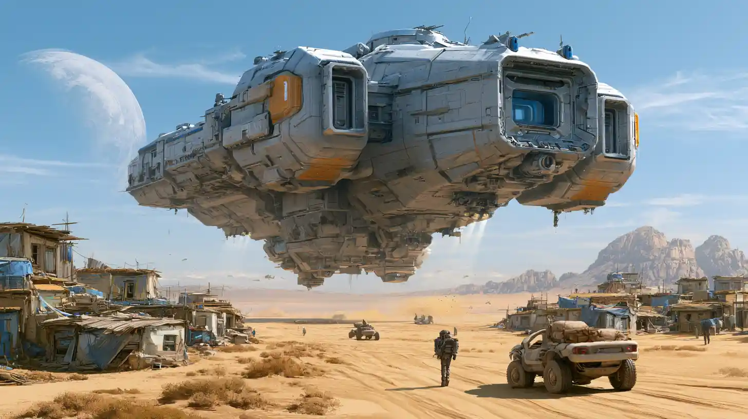 Enorme nave espacial aterrizando junto a una aldea remota en el desierto