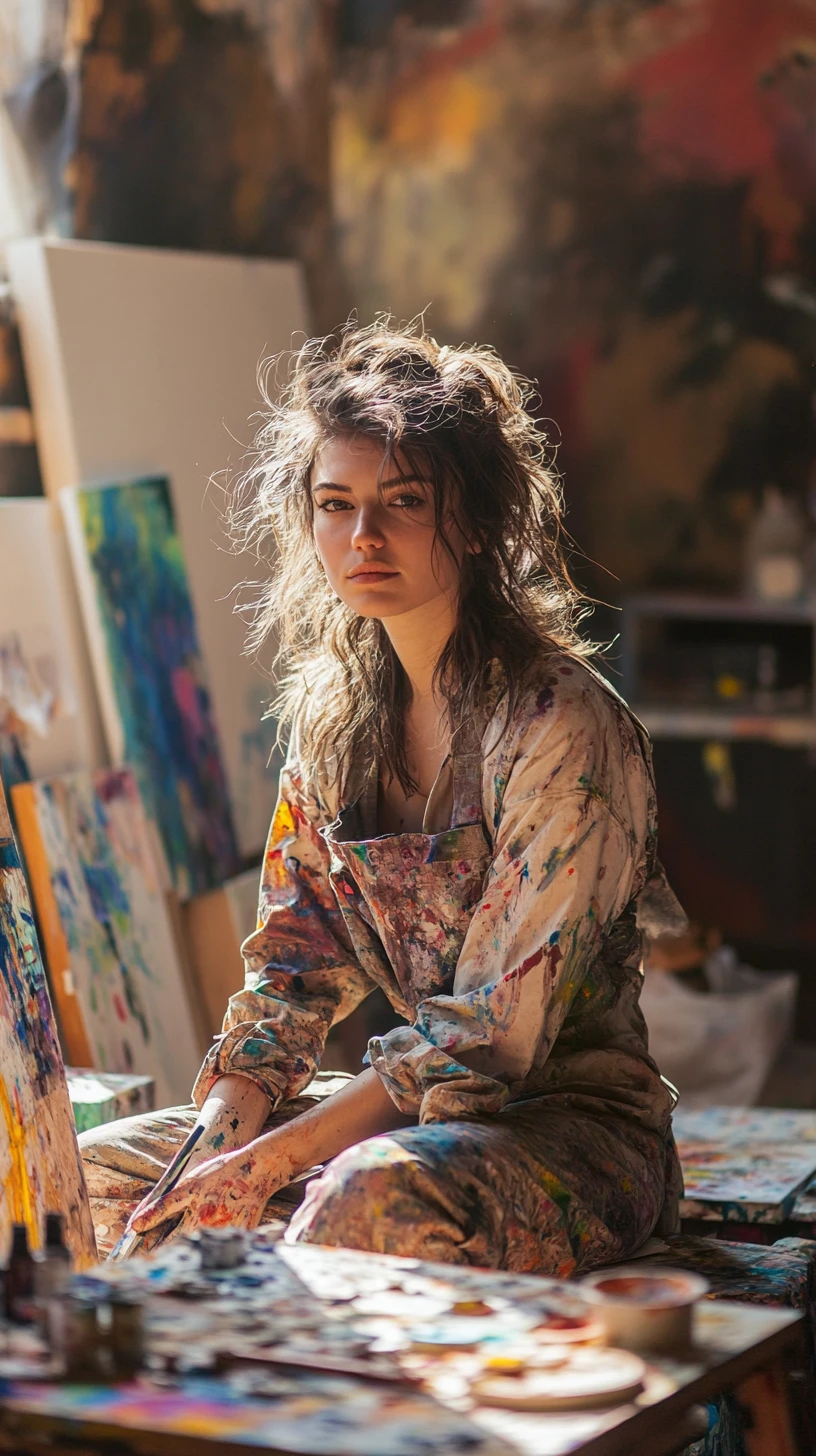 Woman painter resting in a sunlit art studio