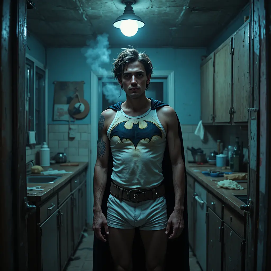Tired man in batman costume smoking in dim kitchen