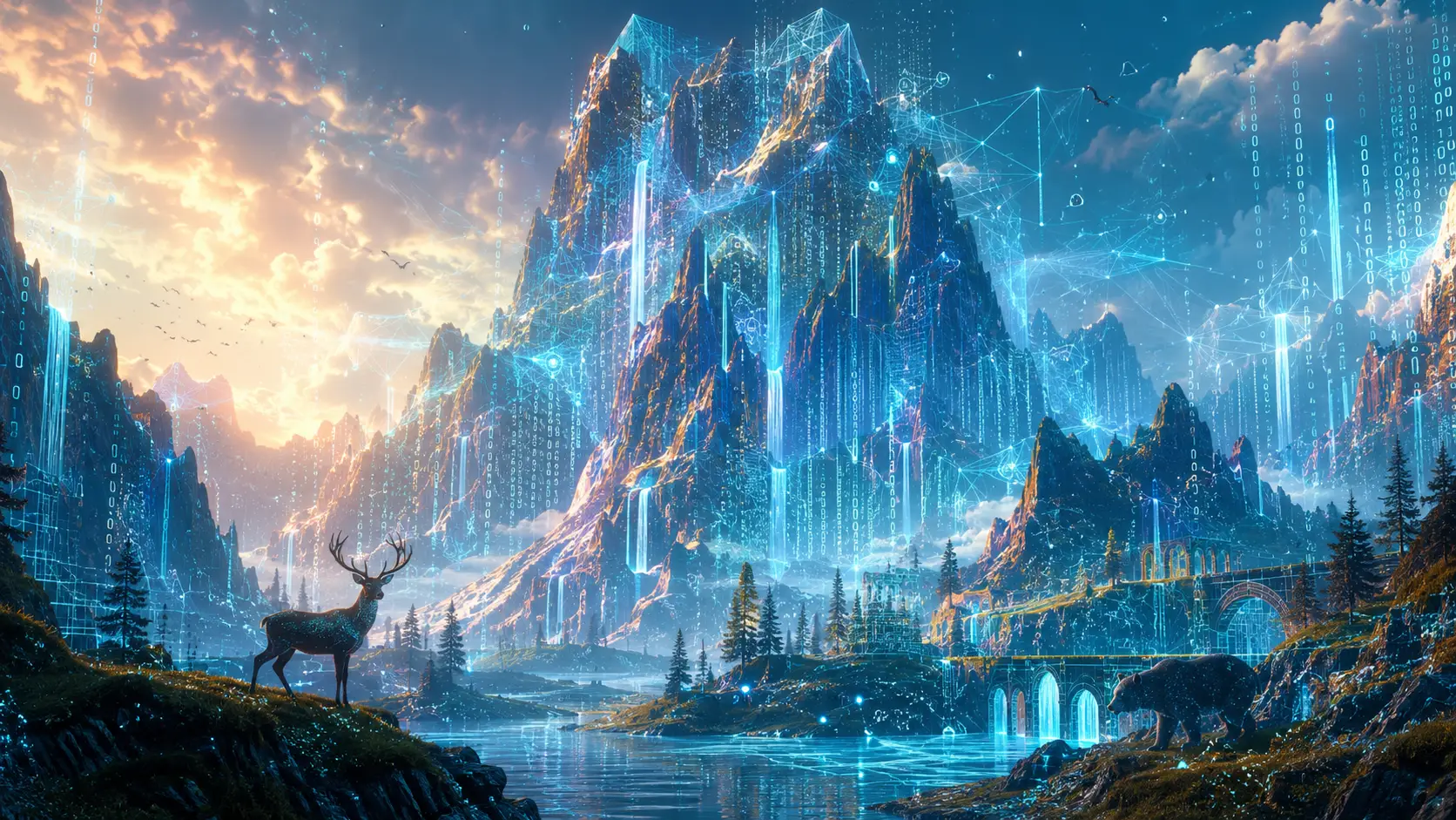Filmische Berge aus fließendem Code in einer surrealen digitalen Welt