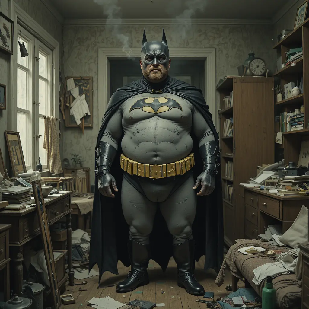 Tired man in cheap batman costume in messy apartment