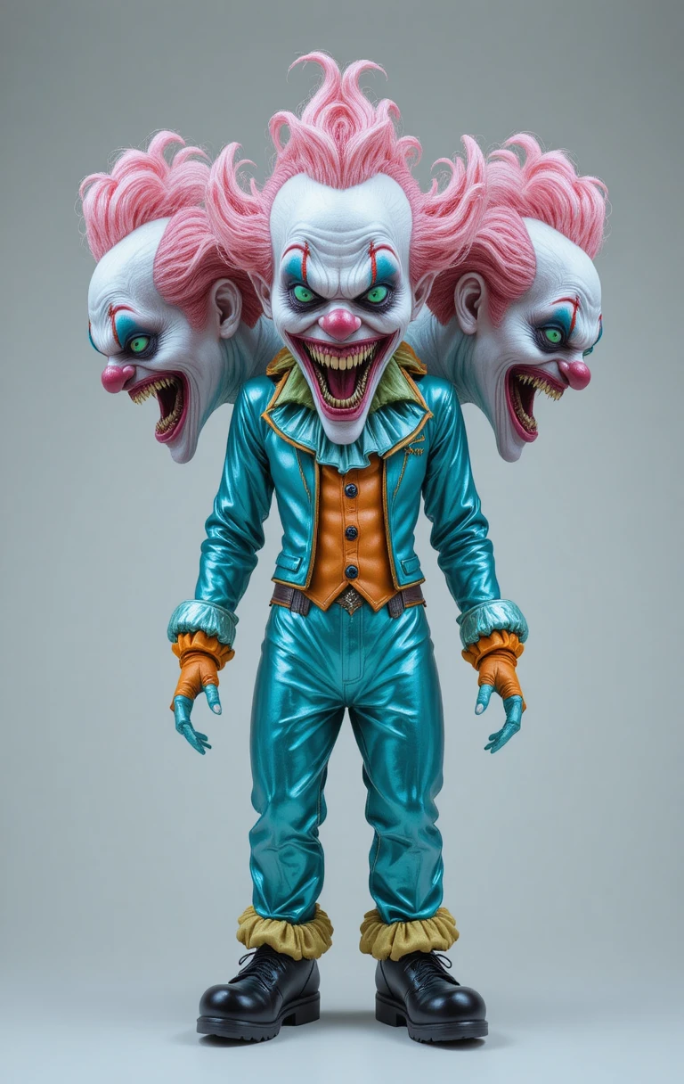 Clown grottesco a tre teste in costume blu reale metallico