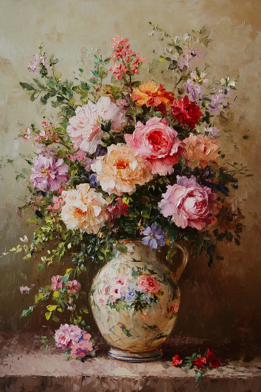 Üppiger Blumenstrauß in antiker Vase – Stillleben-Gemälde