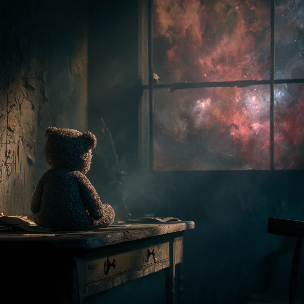詭異宇宙光芒下，尘封書桌上的孤獨泰迪熊