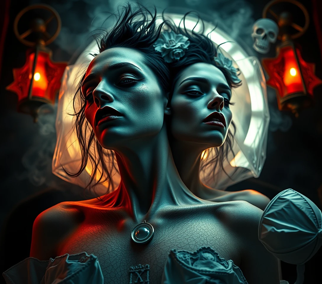 Retrato surreal em close de duas mulheres sob hipnose