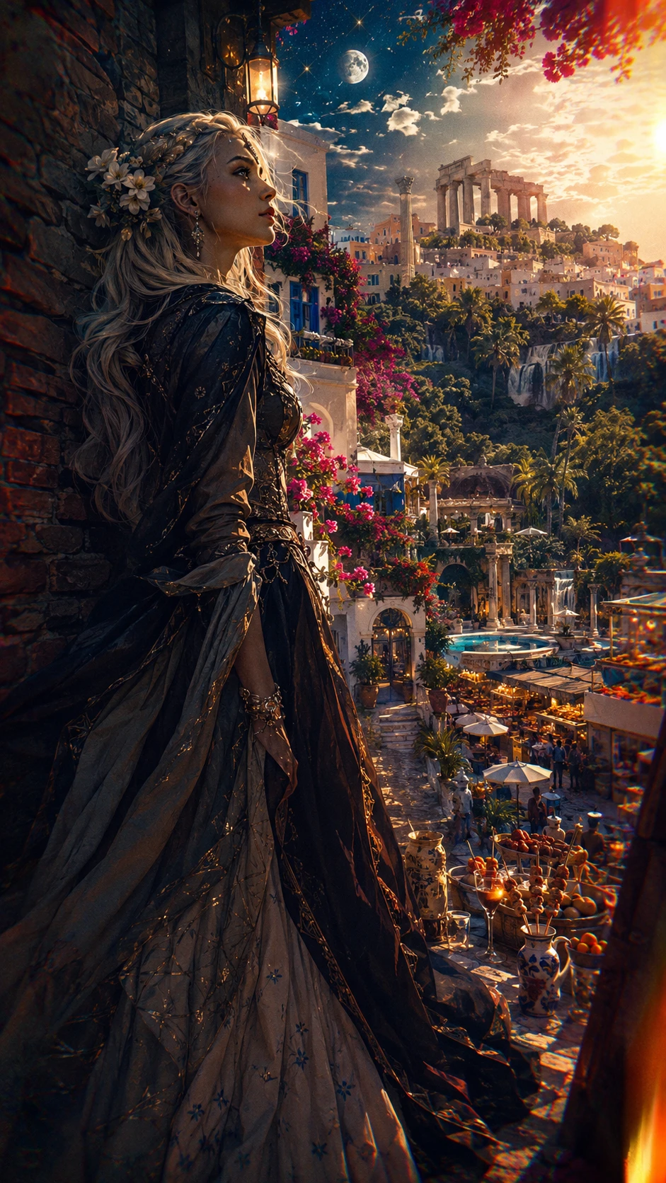 Reine fantastique dans une ruelle au clair de lune – portrait en pied