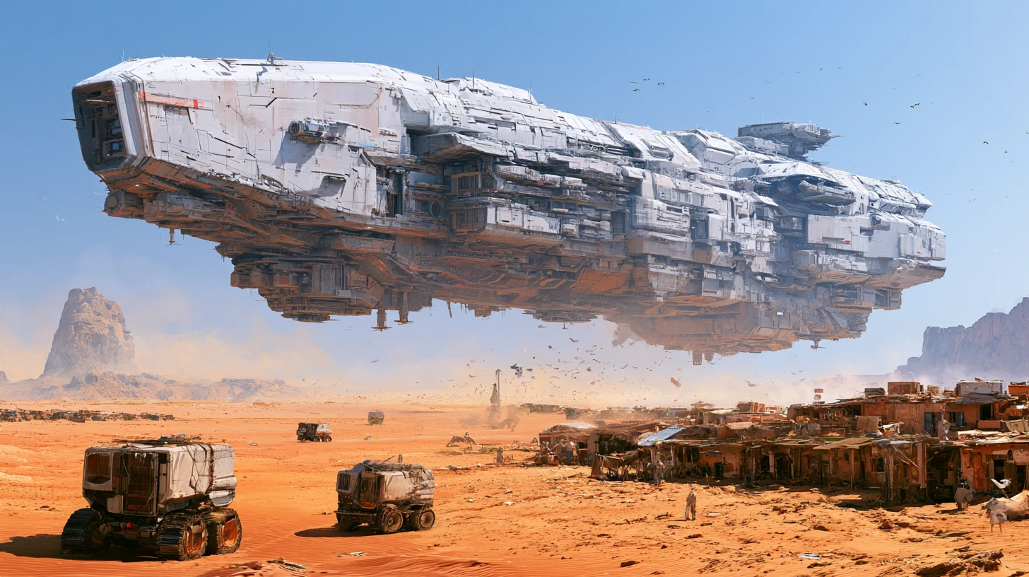 Enorme astronave in atterraggio accanto a un remoto villaggio nel deserto