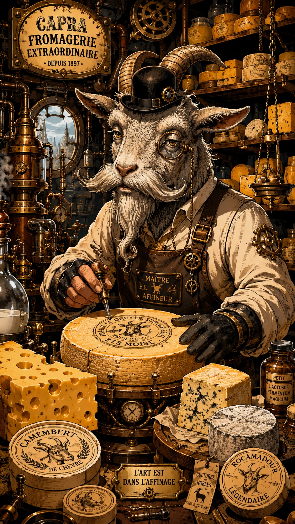 Elderly Goat Cheesemaker In A Humorous Steampunk Workshop