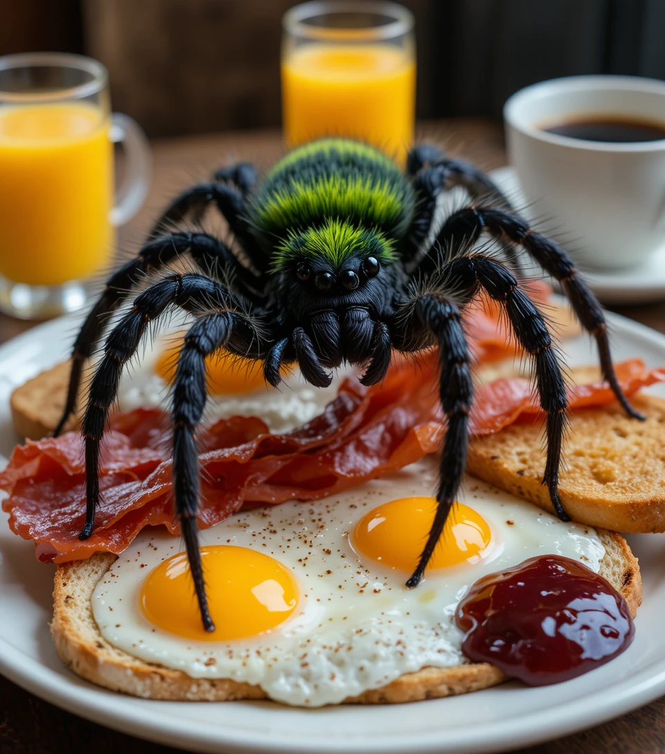 Haarige schwarze Spinne auf klassischem Frühstücksteller mit Eiern