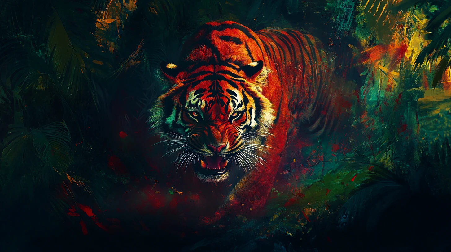 Tigre blessé rugissant dans une nuit de jungle abstraite et sombre