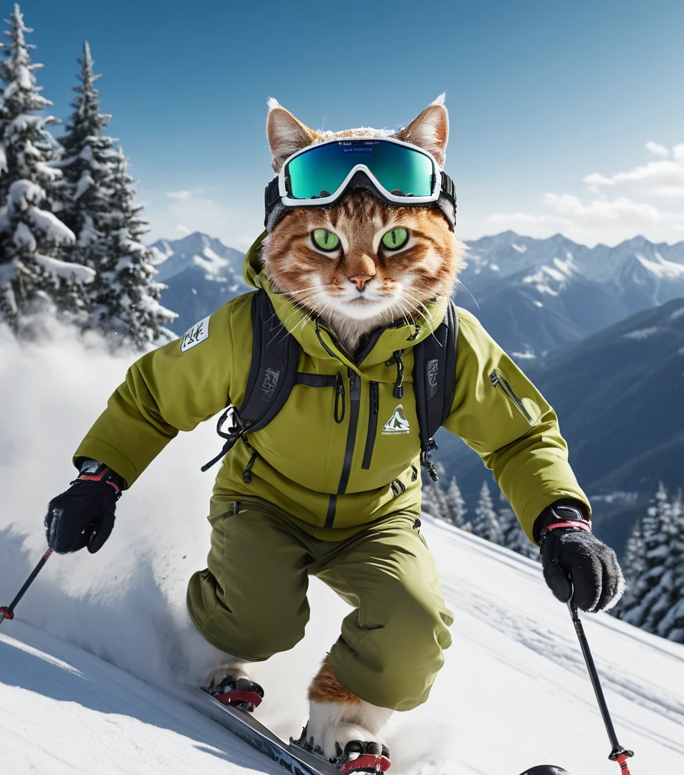 Gato antropomórfico esquiando rápido por uma montanha nevada