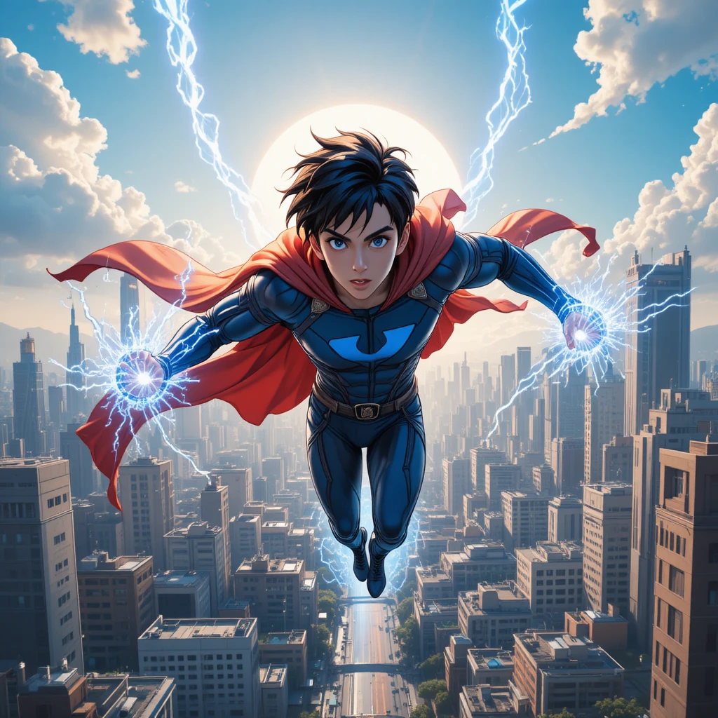 Anime superhero boy flying above a modern sunset city