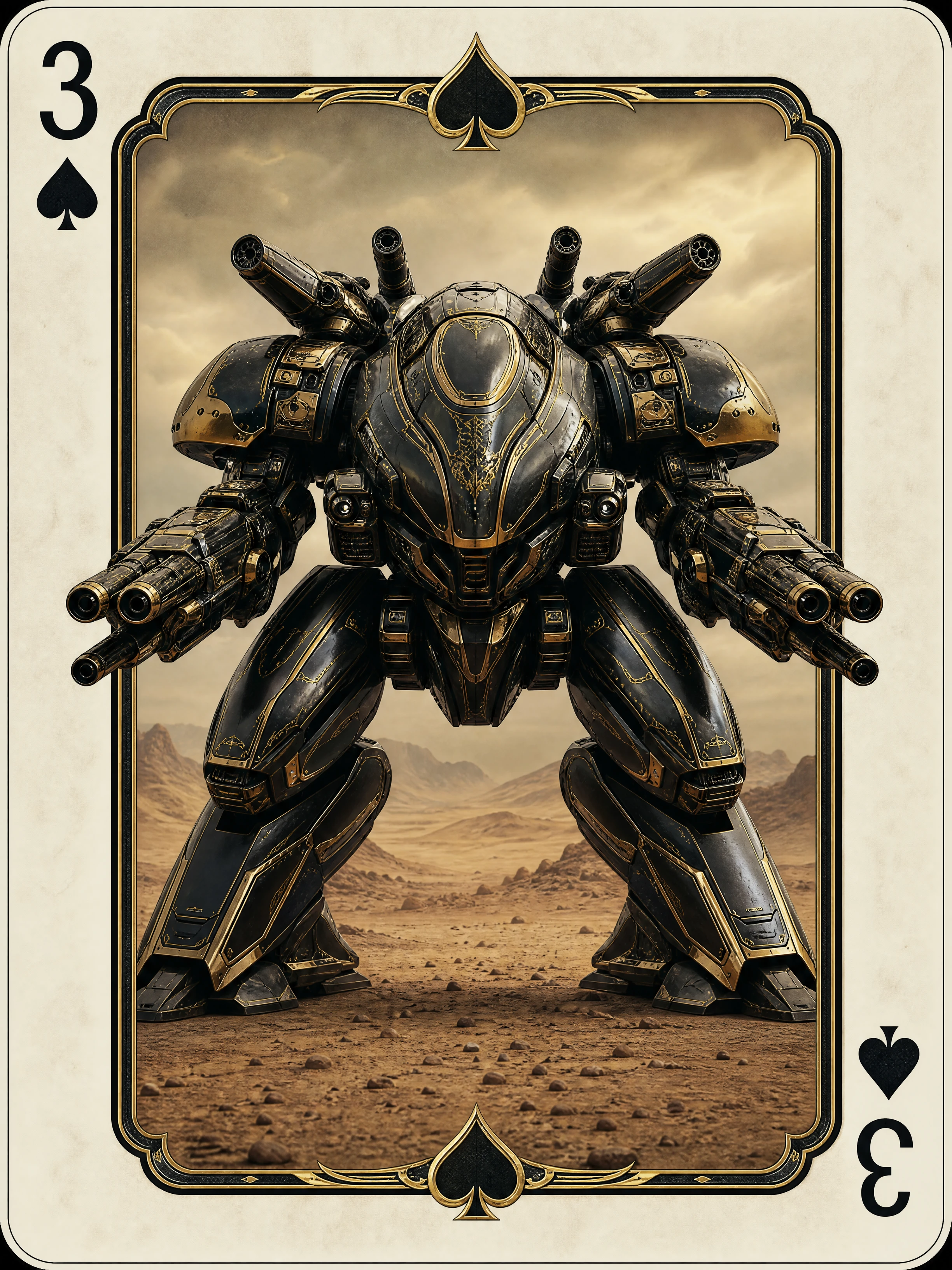 Alien combat mech framed within a three of spades card