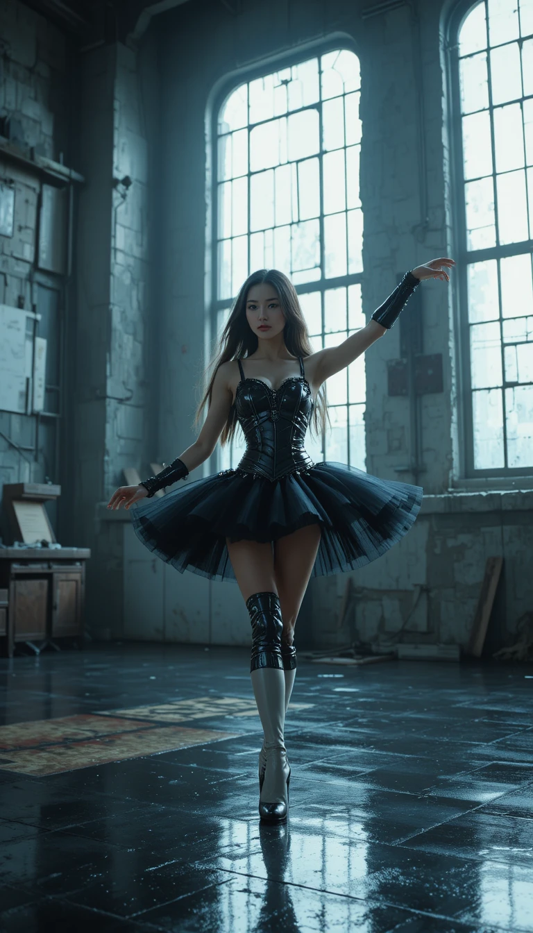 Ballerina cyberpunk in armatura nera su pavimento riflettente