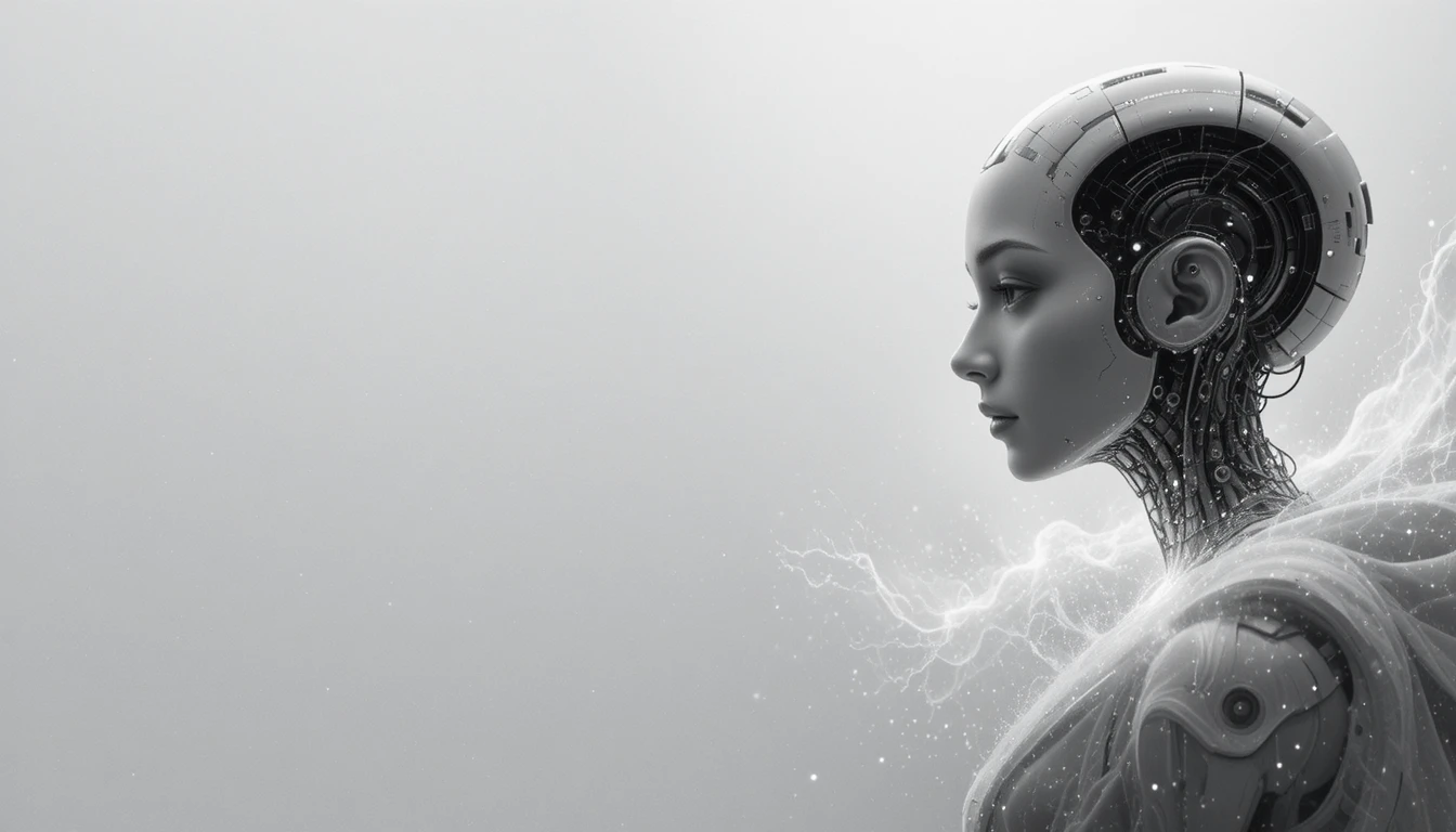 Perfil de robô feminino futurista sobre fundo galáctico luminoso
