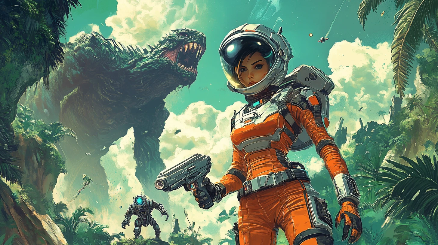 Heroína de ciencia ficción con pistola de rayos en un mundo alienígena exuberante