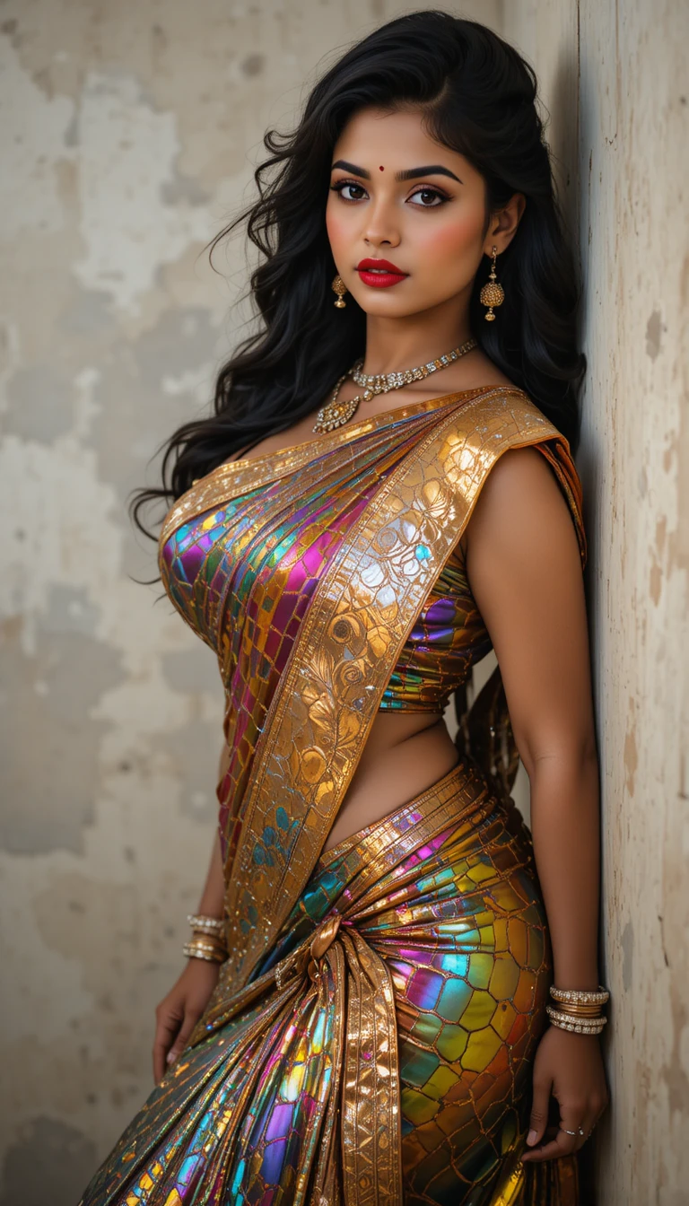 Tamil woman in reflective saree leaning against a wall