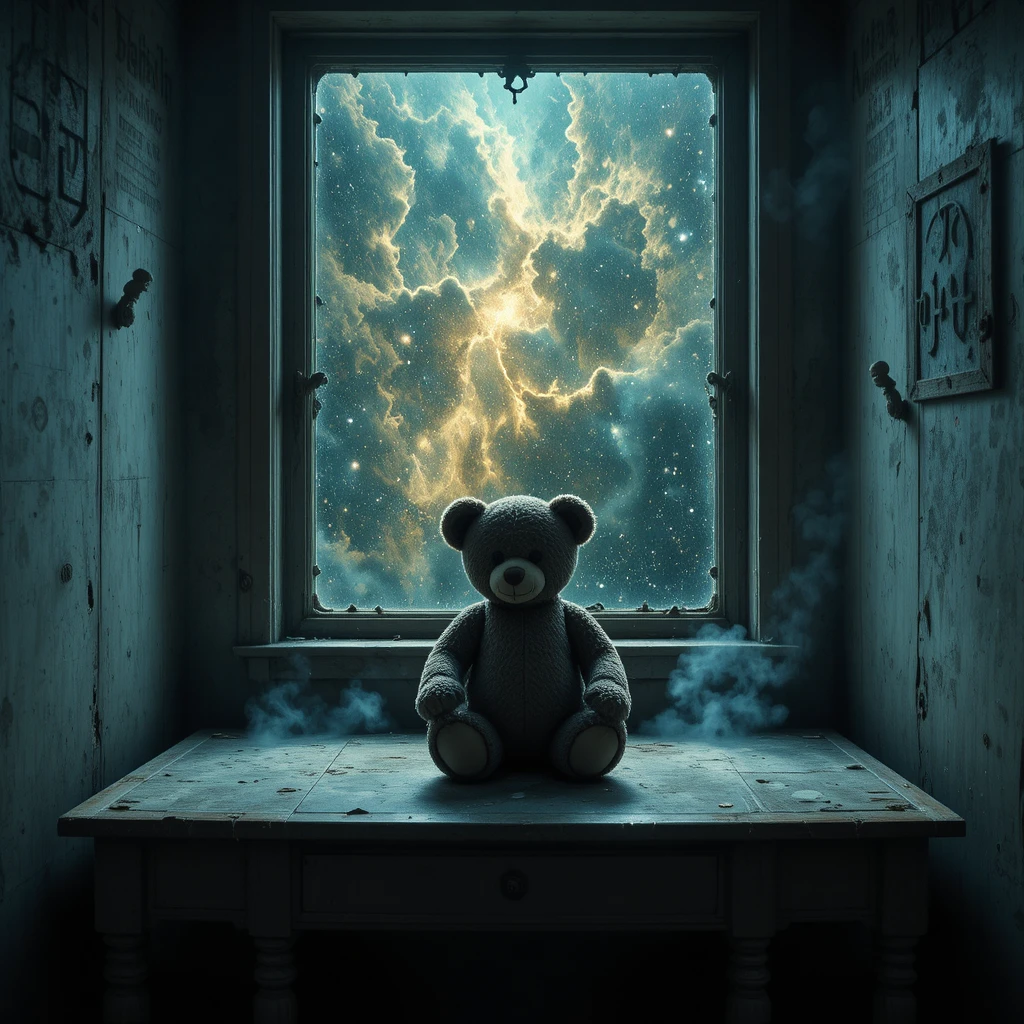 Worn teddy bear on dusty desk under eerie cosmic glow