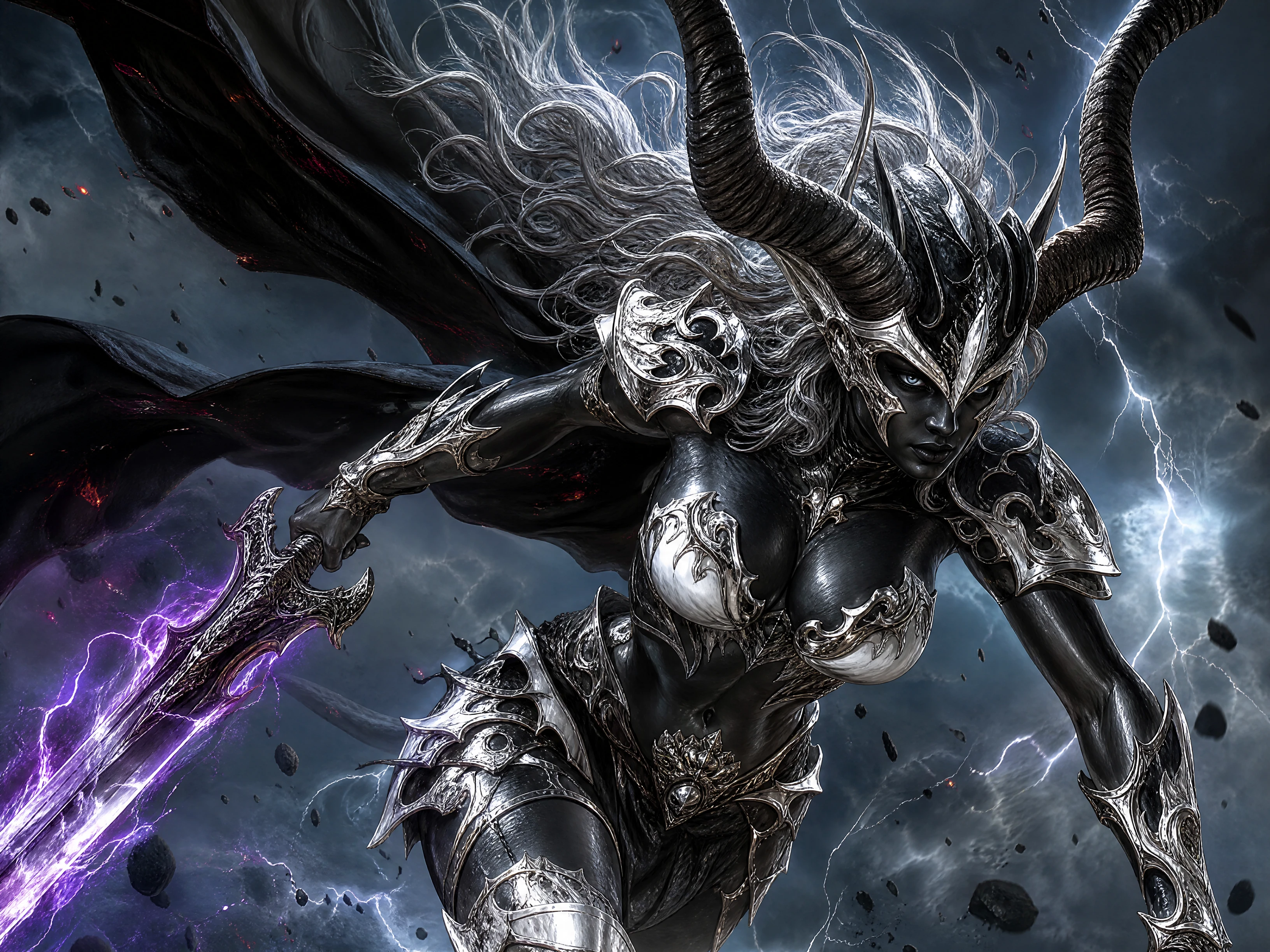 Valkyrie demon warrior soaring through storm torn skies
