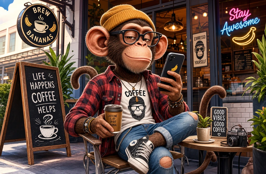 カフェテラスでスマホを見つめるヒップスターなサル