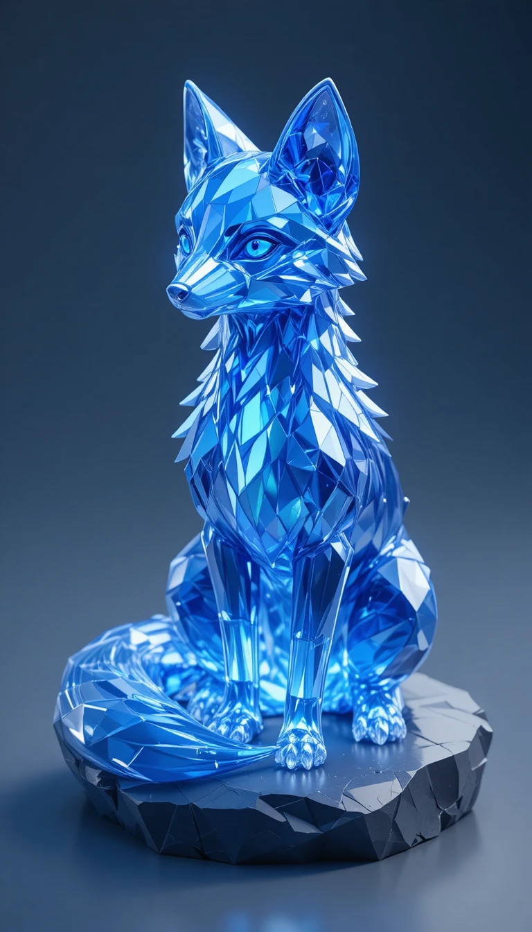 Renard de cristal low poly rendu en bleu saphir lumineux