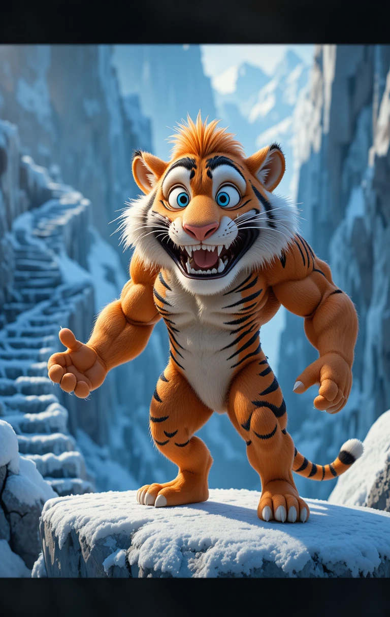 Tigre musculoso falante em um penhasco nevado
