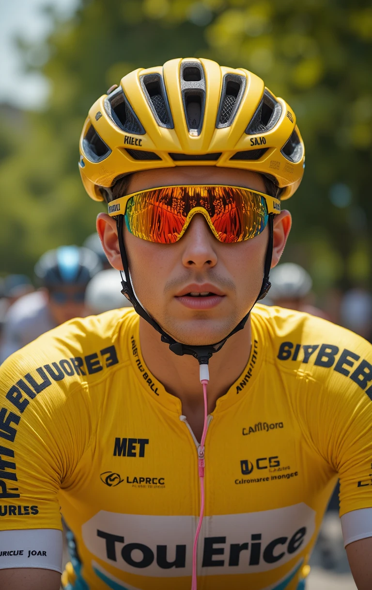 Focused young cyclist in yellow jersey and helmet