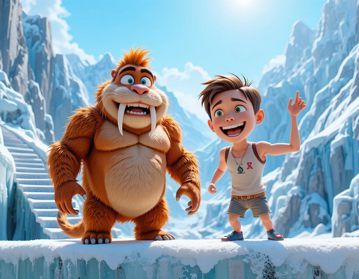 Muscular anthropomorphic tiger on a snowy mountain ledge