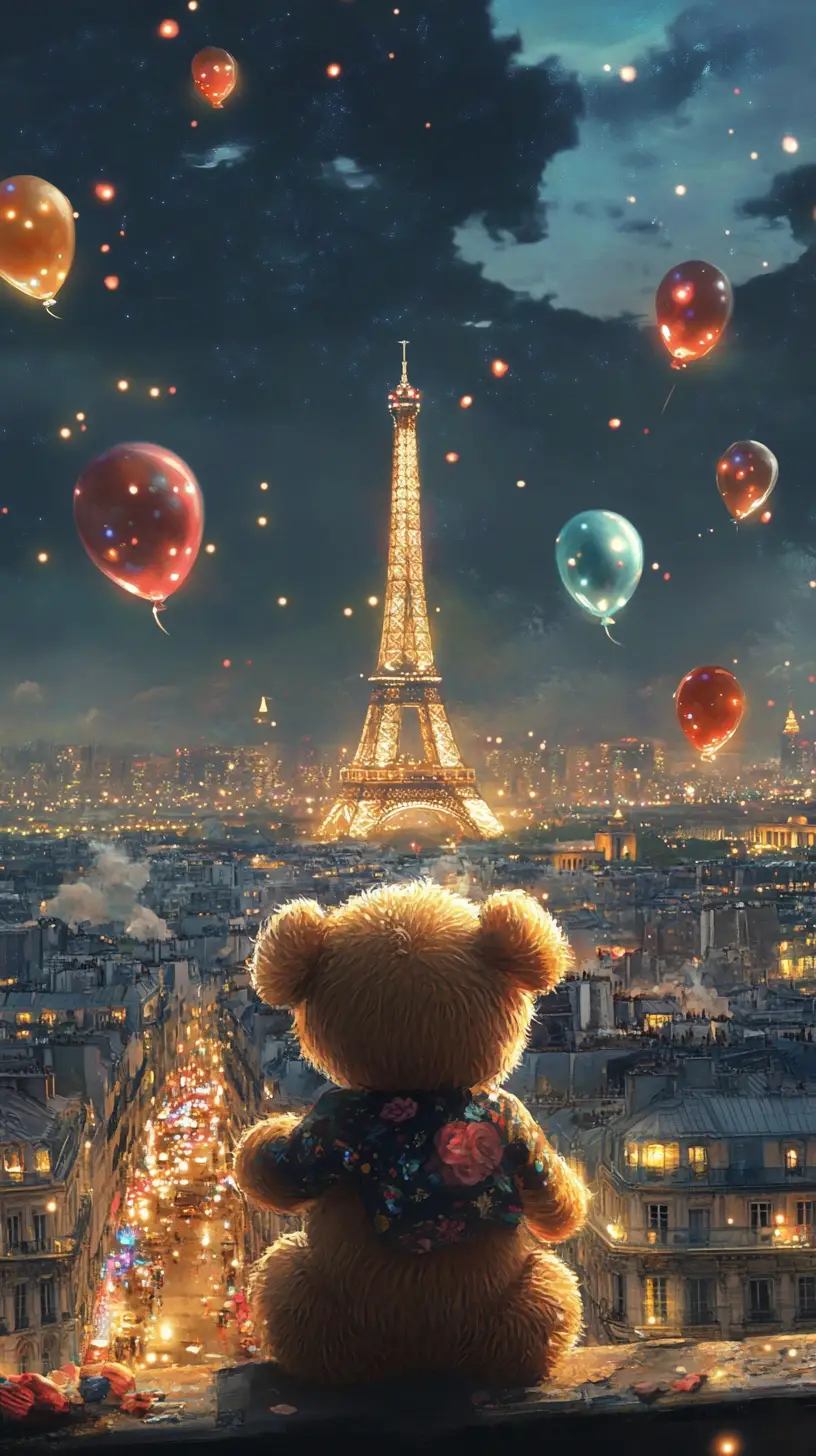 Cute teddy bear with glowing balloons over Paris skyline