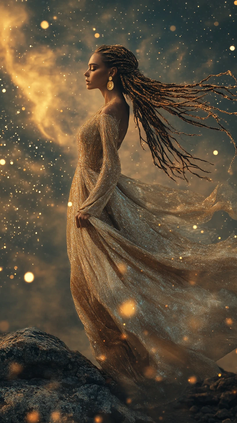 Regal woman in gold gown against glowing cosmic sky