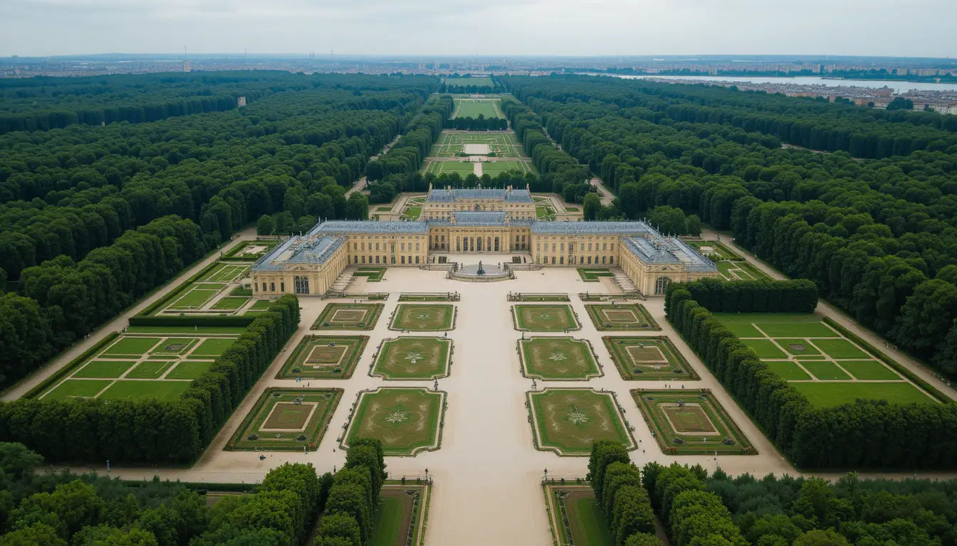 Luftaufnahme des Schlosses Versailles und der barocken Gärten