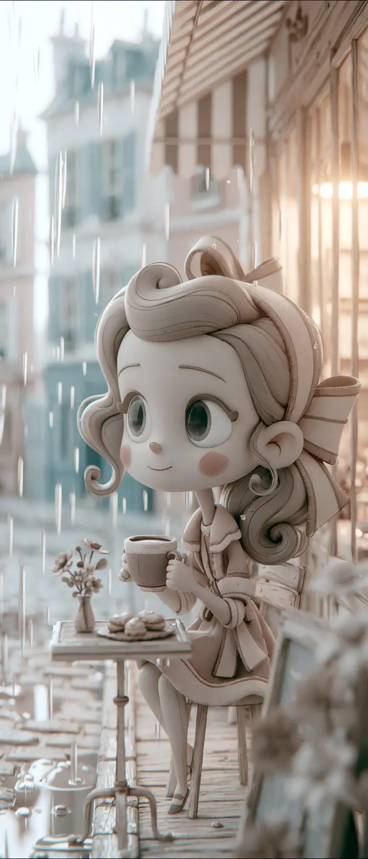 Sweet girl at rainy European street cafe with coffee