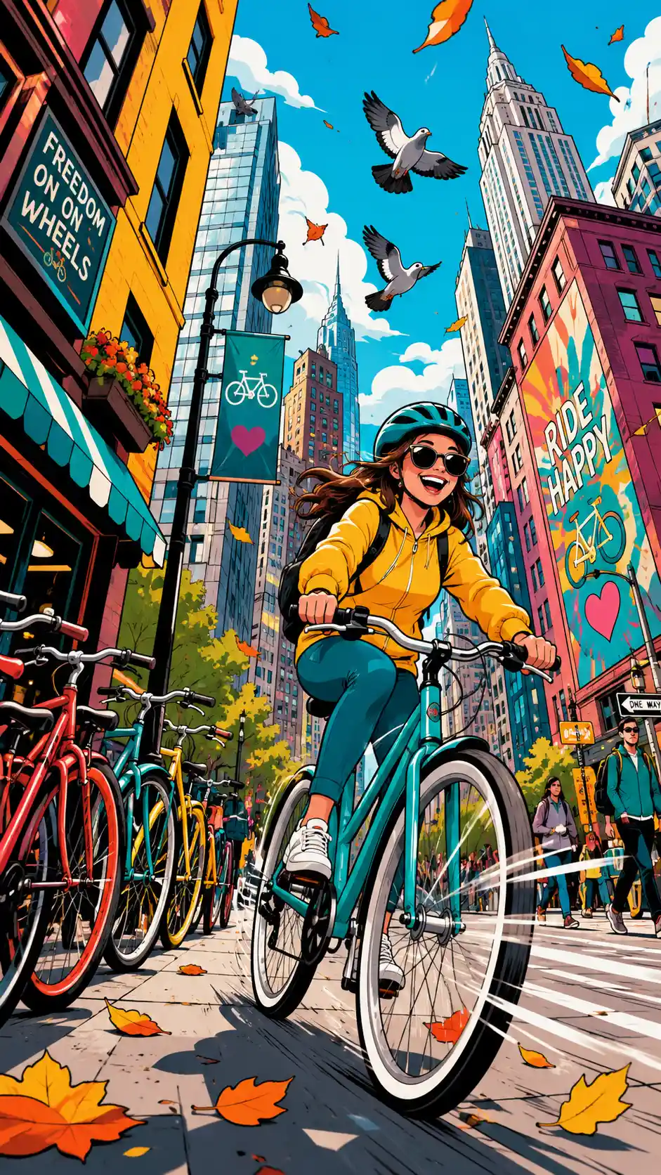 Cycliste joyeux filant à toute vitesse dans une rue colorée de la ville