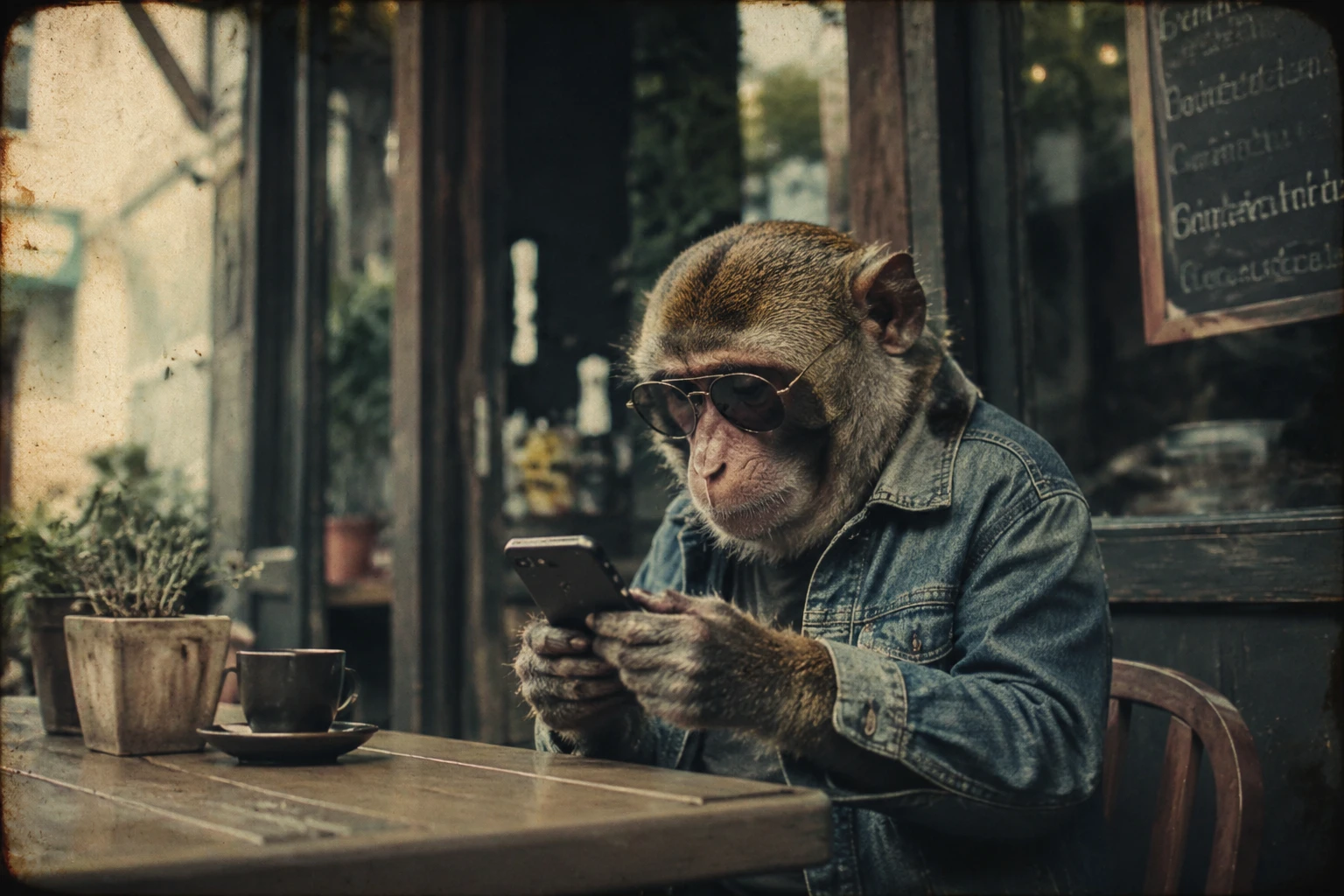 カフェのテラスでスマホを見つめるヒップスターなサル