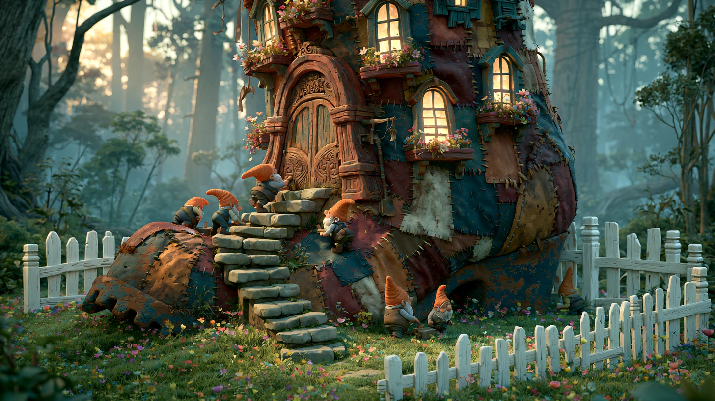 Casa Bota de Duende Fantasiosa em uma Floresta Encantada e Colorida