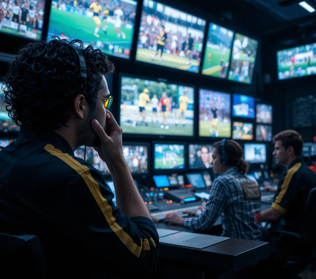 Fernseh-Regieraum-Team überwacht mehrere Live-Bildschirme
