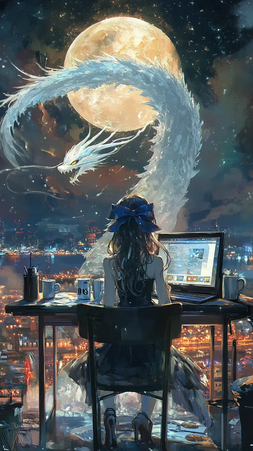 Anime-Mädchen arbeitet mit Laptop in einem gemütlichen Café