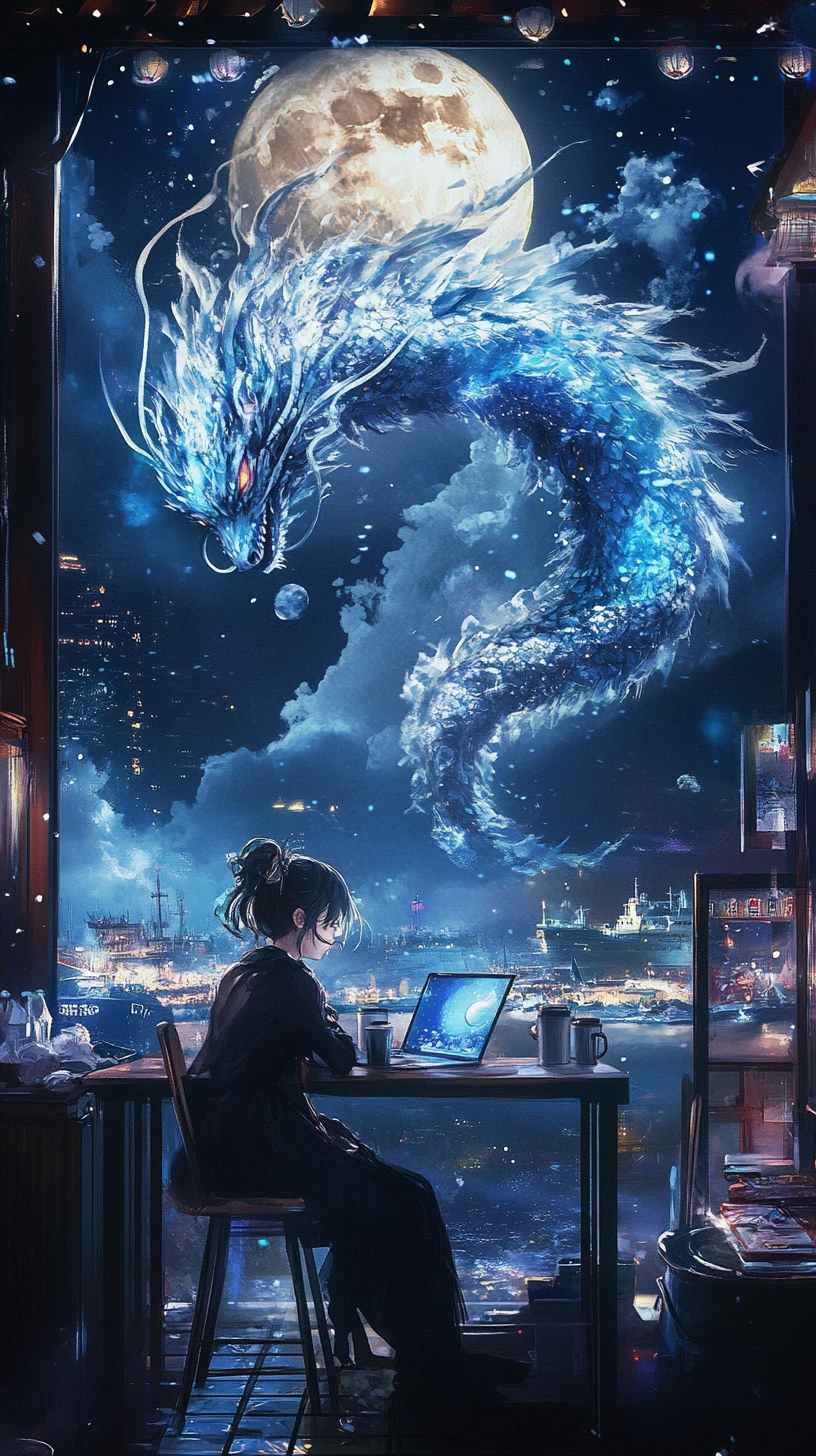 Fille d’anime dans un café avec ordinateur portable et écran au logo d’ange