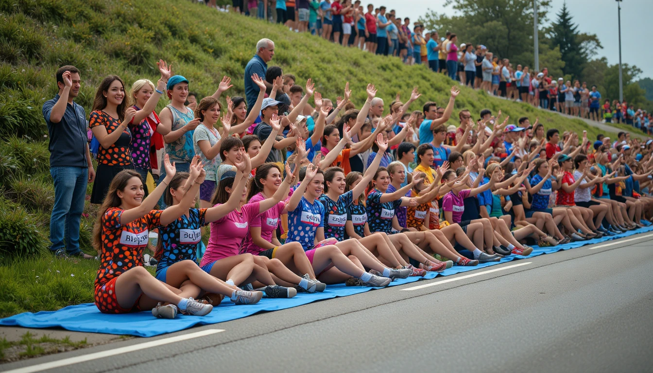 Cheering spectators sitting roadside at a daytime cycling race