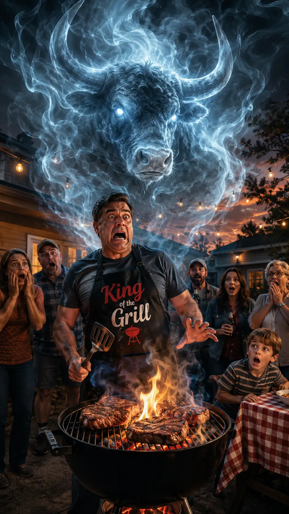 Panicked man at backyard grill facing smoky spectral bull