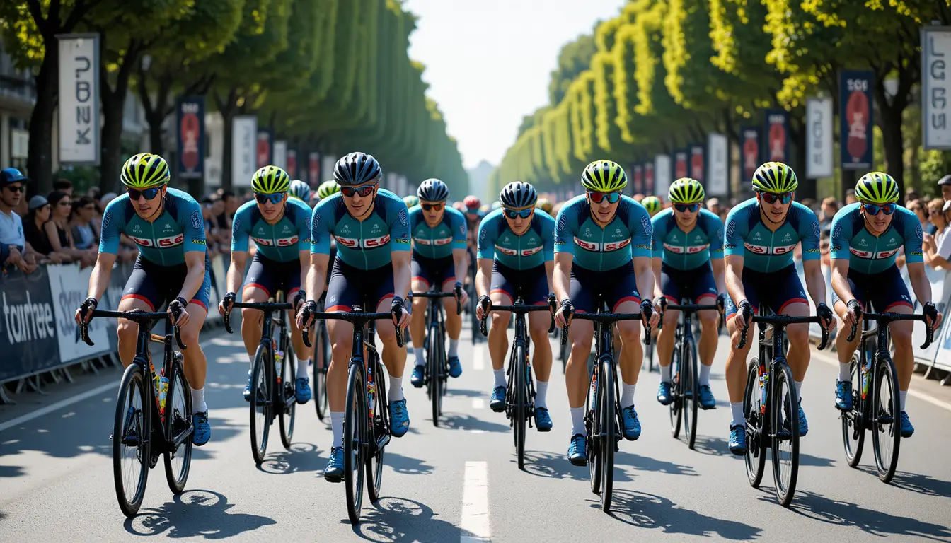 Professional cyclists racing in formation on a sunny city street