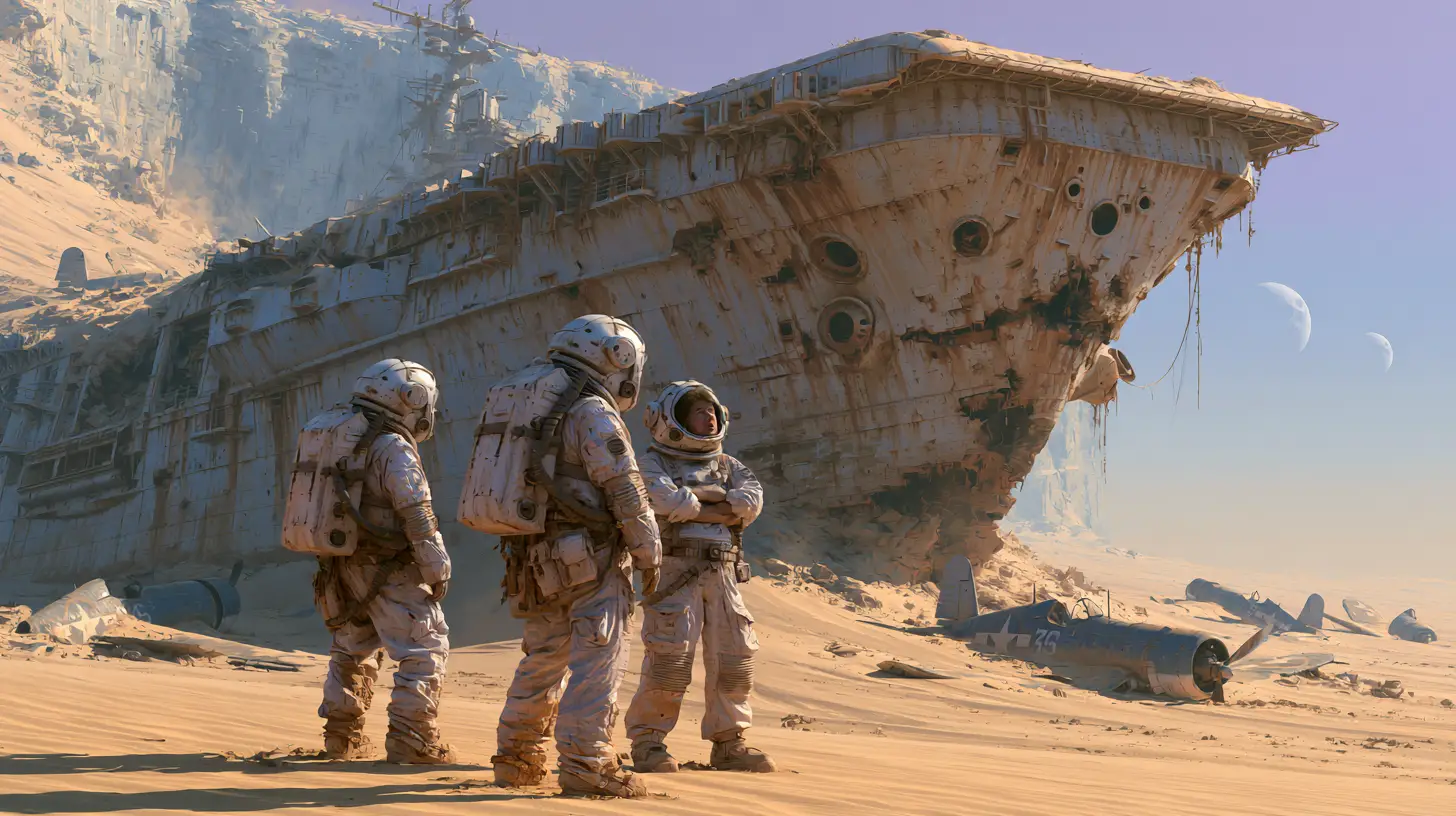 Astronauts Discover A Sunken Aircraft Carrier On Alien Sands