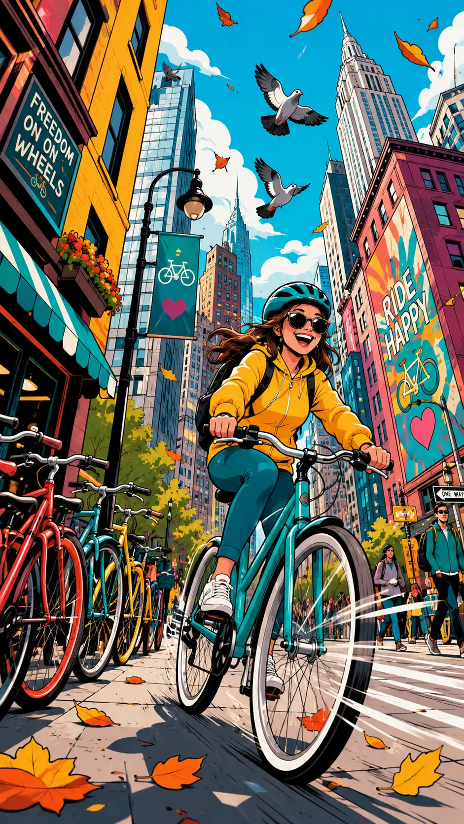 Cheerful cyclist speeding through a colorful city street