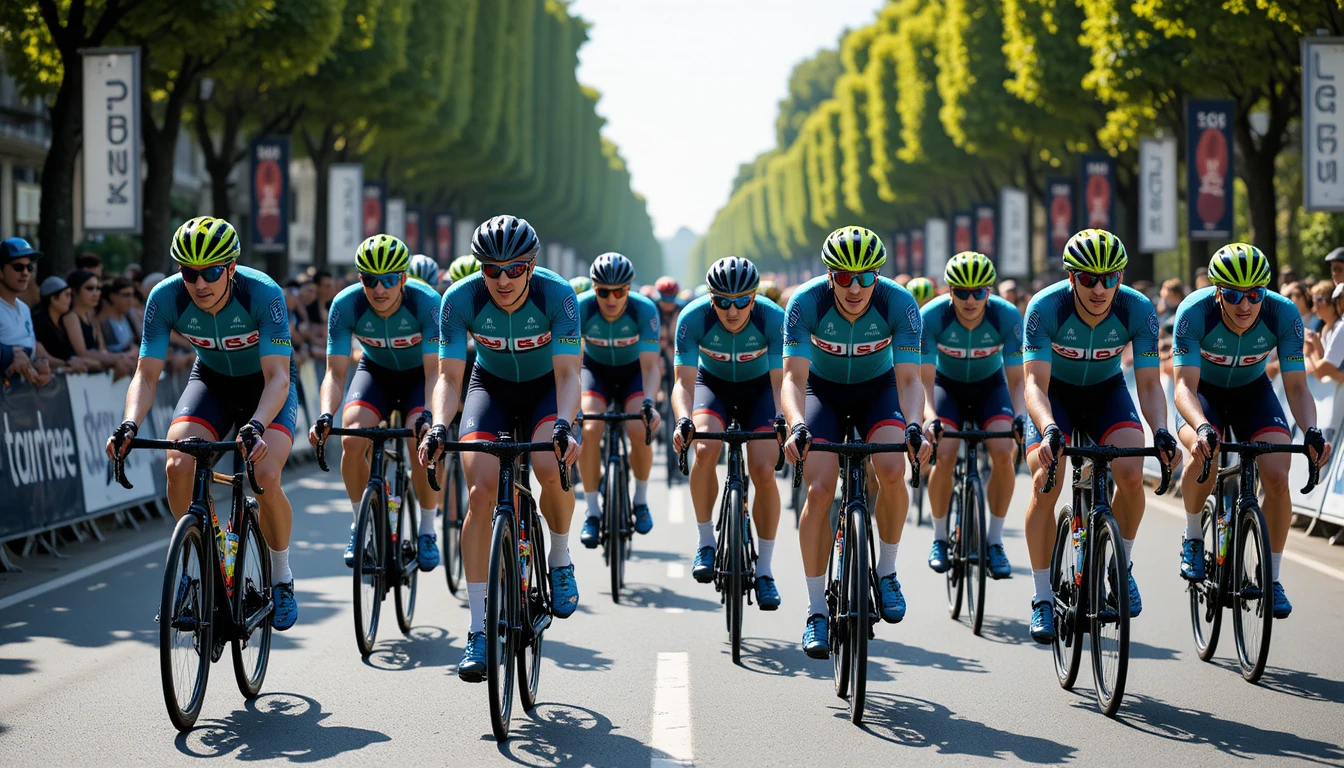 Professional cyclists racing in formation on a sunny city street