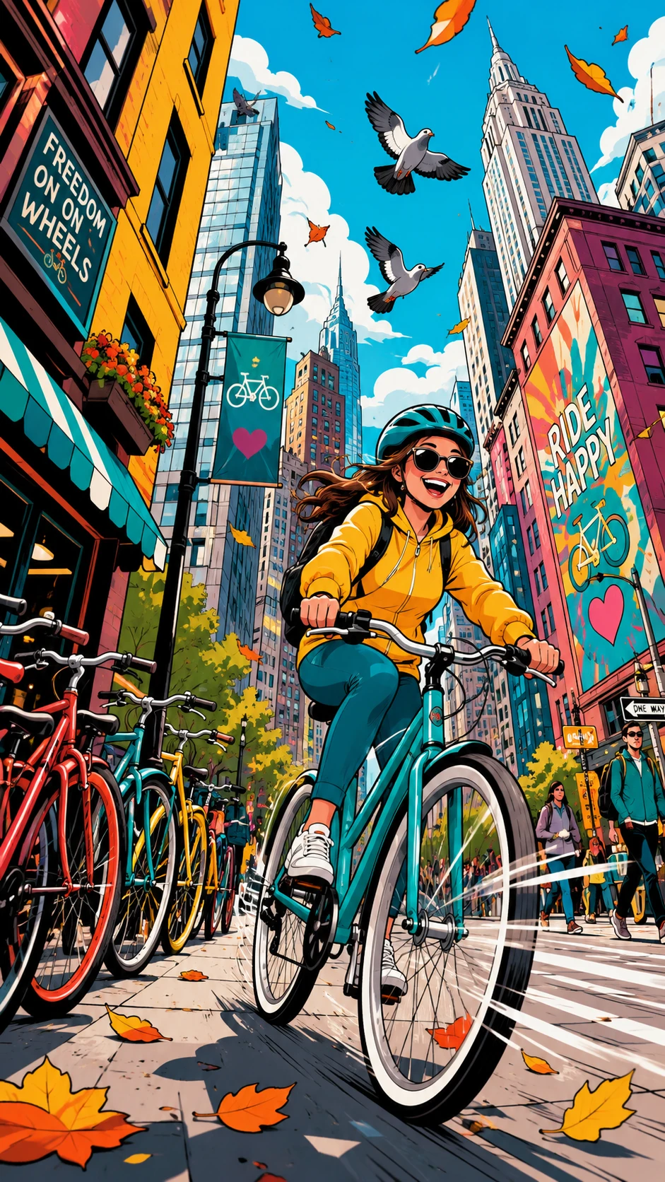 Ciclista alegre acelerando por uma rua colorida da cidade