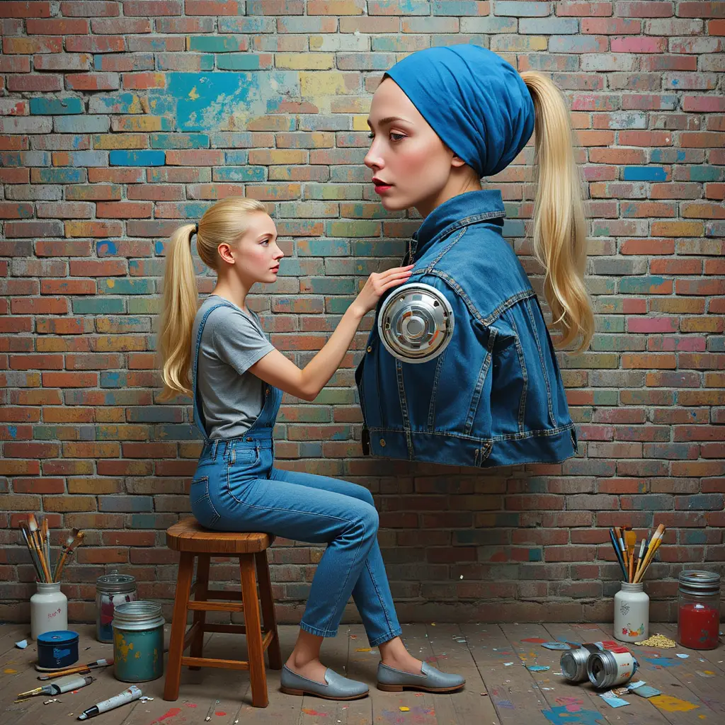 Junge Frau berührt ihr riesiges surreales Doppelgängerbild im Studio
